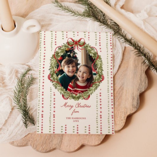 Rode strik krans foto feestdagenkaart