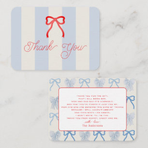 Rode strik met lichtblauwe strepen baby shower bed notitiekaartje