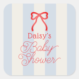 Rode strik met lichtblauwe strepen baby shower vierkante sticker