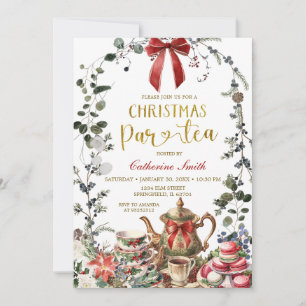 Rode strik wintergroen kerstthee feestje kaart