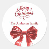 Rode strik witte kerst ronde sticker (Voorkant)