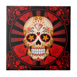  rode suikerschedel met Rozen Poster Tegeltje