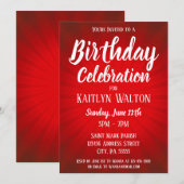 Rode Sunburst Birthday Party Invitation Kaart (Voorkant / Achterkant)