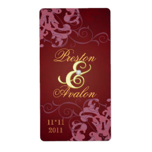 Rode Swirl Goud Jeweled Bruiloft Wijn Label