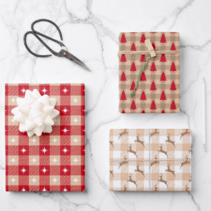 Rode Tan Land Plaid Bomen Kerstvakantie Inpakpapier Vel