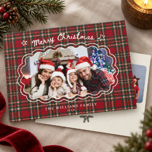 Rode Tartan Plaid Kerst Foto met Schulpboordrand Feestdagenkaart