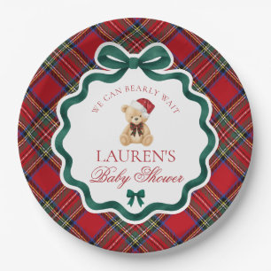 Rode Tartan Schotse Kerst Beer Baby Shower Papieren Bordje
