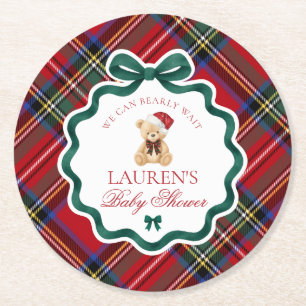 Rode Tartan Schotse Kerst Beer Baby Shower Ronde Kartonnen Onderzetter