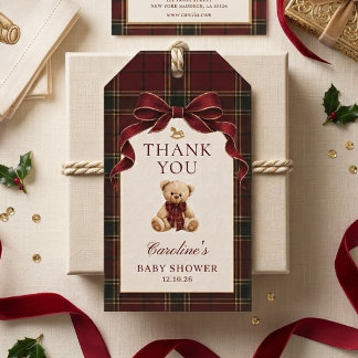 Rode Tartan Teddybeer Cadeautags voor Babyborrel Cadeaulabel