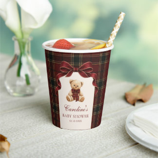 Rode Tartan Teddyshower Papieren Bekers