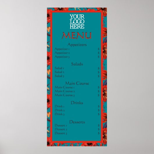 Rode Teal Bloem Cafe Restaurant Menu Poster (Voorkant)