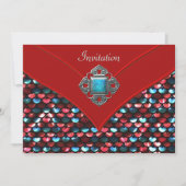 Rode Teal Pailletten Feest Template voor Elke Gele Kaart (Voorkant)