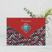 Rode Teal Pailletten Feest Template voor Elke Gele Kaart (Staand voorkant)