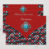 Rode Teal Pailletten Feest Template voor Elke Gele Kaart (Voorkant / Achterkant)