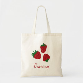Rode tekst set aardbeien en naam meisjesachtig tote bag