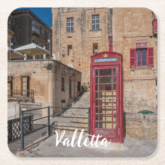 Rode telefooncel in Valletta Malta Vierkante Kartonnen Onderzetter (Voorkant)