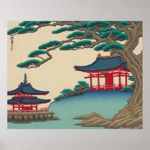 Rode tempels en meer van de Japanse  Ukiyo-e-kunst Poster