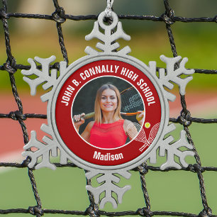 Rode Tennisspeler Foto Hoge School Geest Tin Sneeuwvlok Ornament