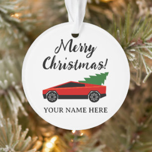 Rode Tesla pick-uptruck met kerstboom Ornament