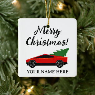 Rode Tesla pick-uptruck met Kerstboom retro Keramisch Ornament