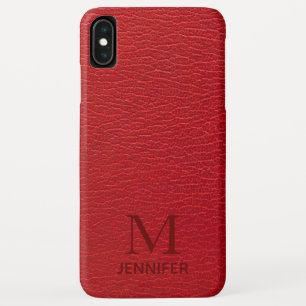 Rode Textuur Leer Monogram Gepersonaliseerde Naam iPhone XS Max Hoesje