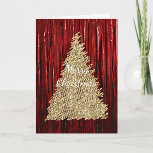 Rode Tinsel Gouden Glitter Kerstboom Kaart (Voorkant)