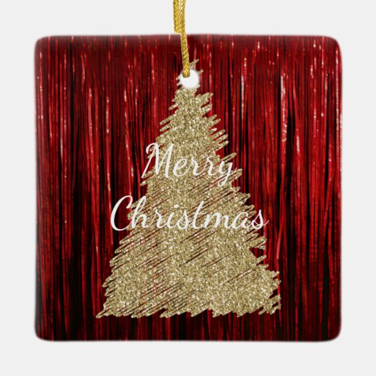 Rode Tinsel Gouden Kerstboom Keramisch Ornament (Voorkant)