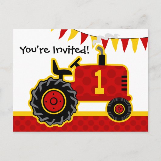 Rode tractor 1e verjaardag Briefkaart Uitnodiging (Voorkant)