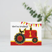 Rode tractor 1e verjaardag Briefkaart Uitnodiging (Staand voorkant)