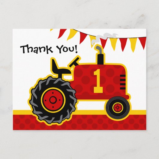 Rode tractor 1e verjaardag Dank u Briefkaart (Voorkant)