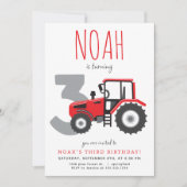 Rode Tractor Derde Verjaardag Uitnodiging (Voorkant)