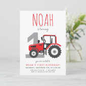 Rode Tractor Eerste Verjaardag Uitnodiging (Staand voorkant)