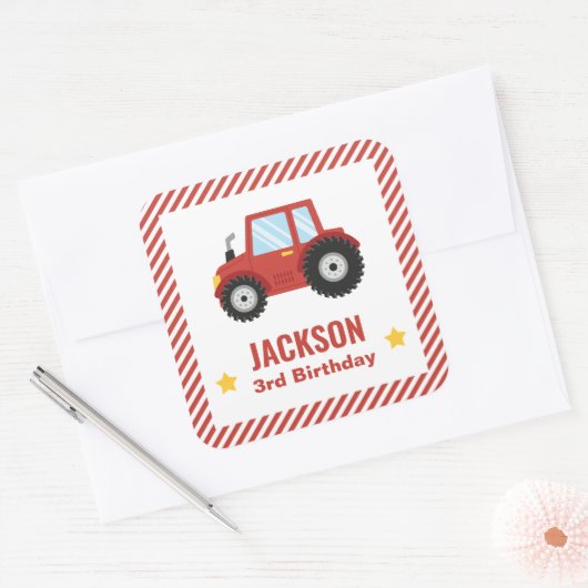 Rode Tractor Jongens Verjaardagsfeestdecor Vierkante Sticker (Envelop)