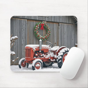 Rode Tractor Met Kerstkrans Muismat