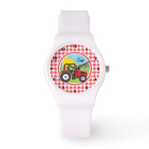 Rode Tractor op Rode en Witte Gingham Horloge