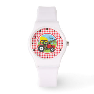 Rode Tractor op Rode en Witte Gingham Horloge