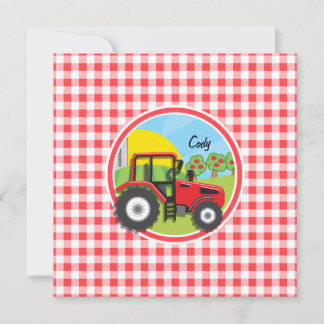 Rode Tractor op Rode en Witte Gingham Kaart