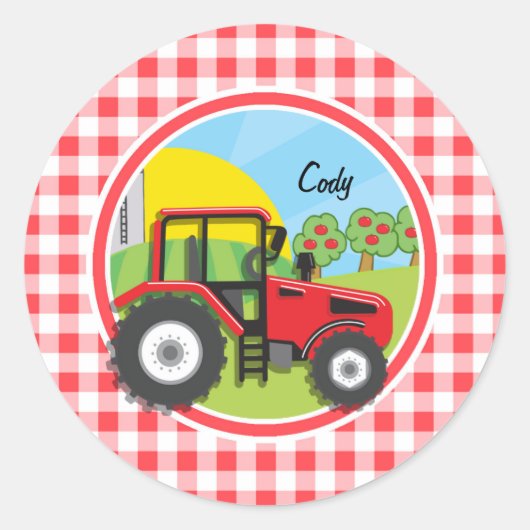 Rode Tractor op Rode en Witte Gingham Ronde Sticker (Voorkant)