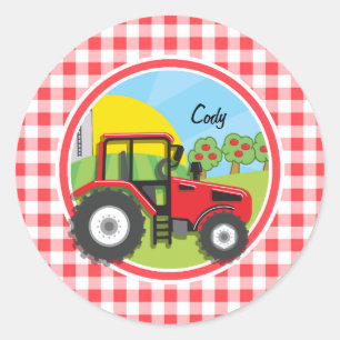 Rode Tractor op Rode en Witte Gingham Ronde Sticker
