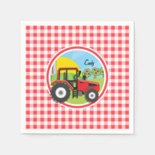 Rode Tractor op Rode en Witte Gingham Servet