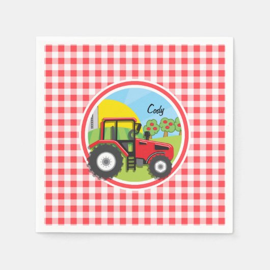 Rode Tractor op Rode en Witte Gingham Servet (Voorkant)