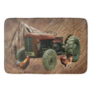rode tractor rustieke schuur schuur Hen Rooster Badmat