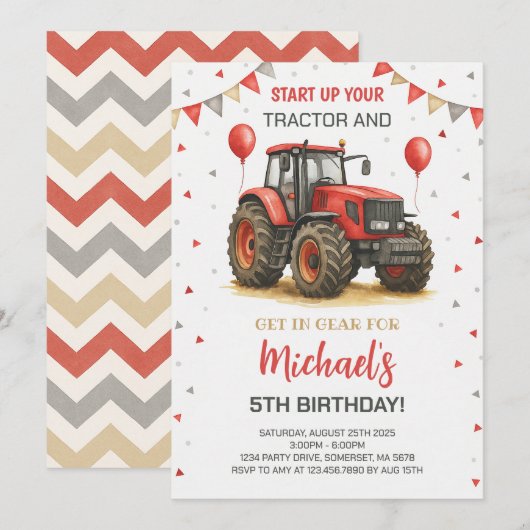 Rode tractor thema verjaardagsfeestje kaart (Voorkant / Achterkant)