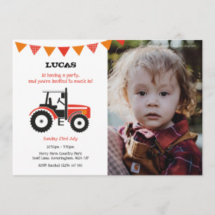 Rode tractor verjaardagsfeestje uitnodigen met fot kaart