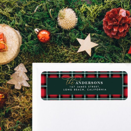 Rode traditionele tartan gepersonaliseerde kerst etiket