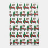 rode trekker en kerstmis met bomen theedoek (Verticaal)