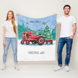 Rode  trekker met kerstboom toevoegen naam fleece deken