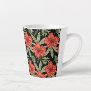 Rode tropische bloemen naadloze groene bladeren latte mok