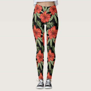Rode tropische bloemen naadloze groene bladeren leggings