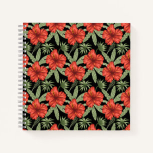 Rode tropische bloemen naadloze groene bladeren notitieboek